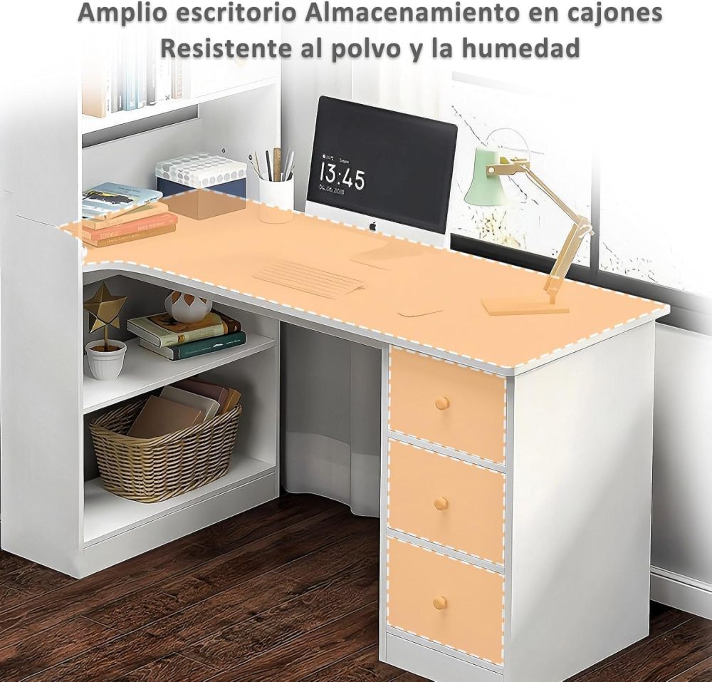 Escritorio Blanco Moderno con Estantería Alta Integrada, Mesa de Estudio con 2 Cajones y Estantes, Mueble de Oficina en Casa Multifuncional para Espacios Pequeños