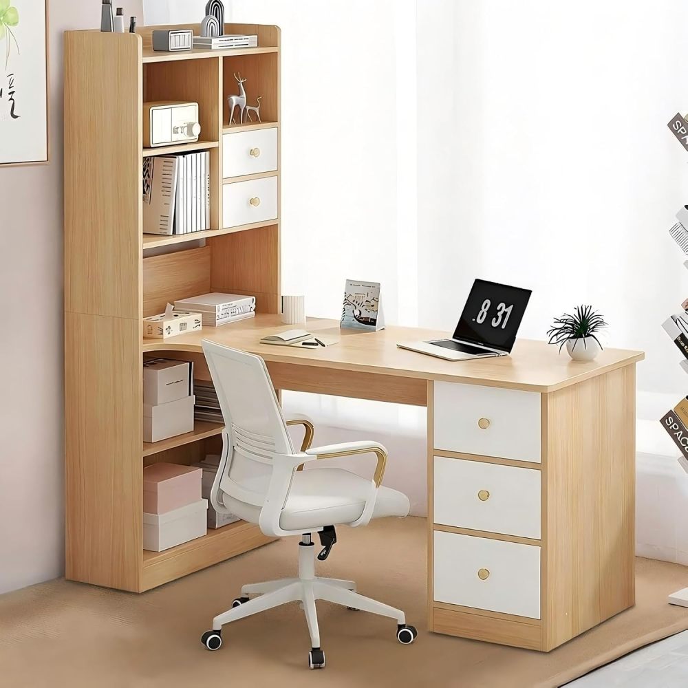 Escritorio Blanco Moderno con Estantería Alta Integrada, Mesa de Estudio con 2 Cajones y Estantes, Mueble de Oficina en Casa Multifuncional para Espacios Pequeños