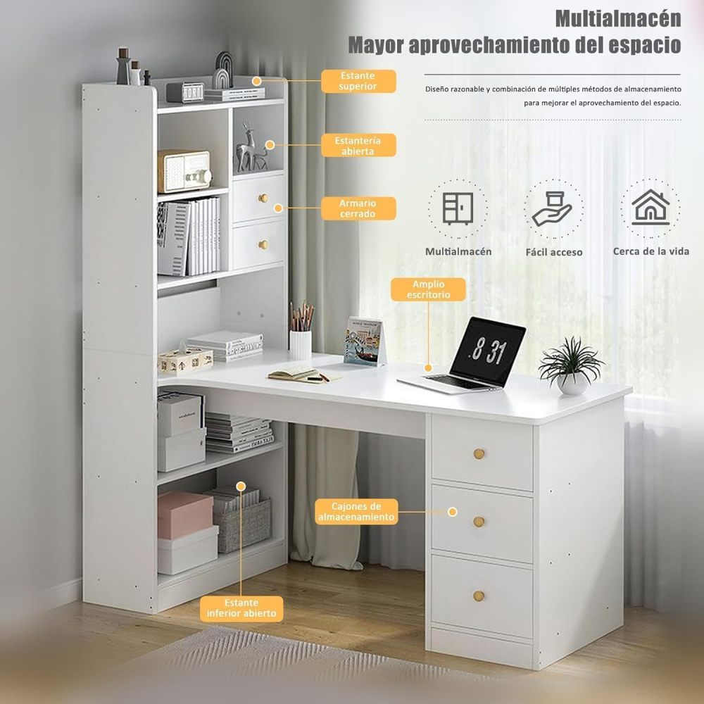 Escritorio Blanco Moderno con Estantería Alta Integrada, Mesa de Estudio con 2 Cajones y Estantes, Mueble de Oficina en Casa Multifuncional para Espacios Pequeños