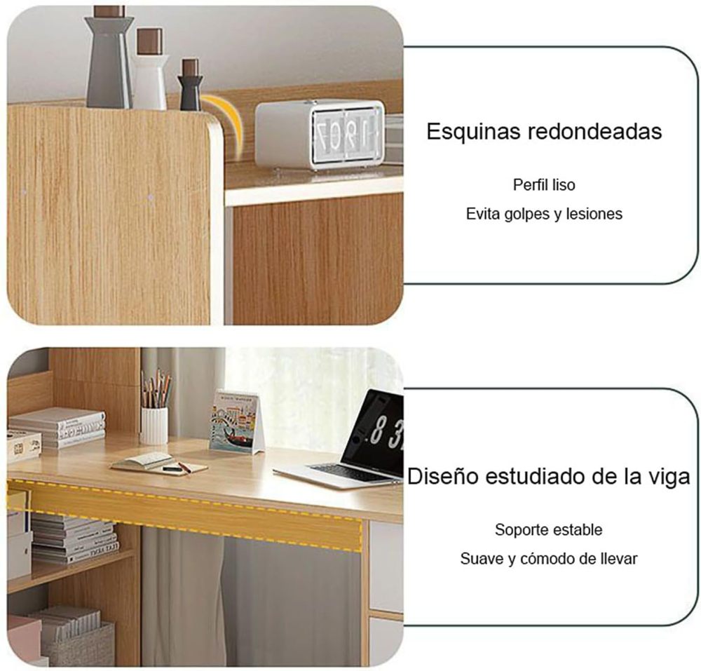 Escritorio Blanco Moderno con Estantería Alta Integrada, Mesa de Estudio con 2 Cajones y Estantes, Mueble de Oficina en Casa Multifuncional para Espacios Pequeños