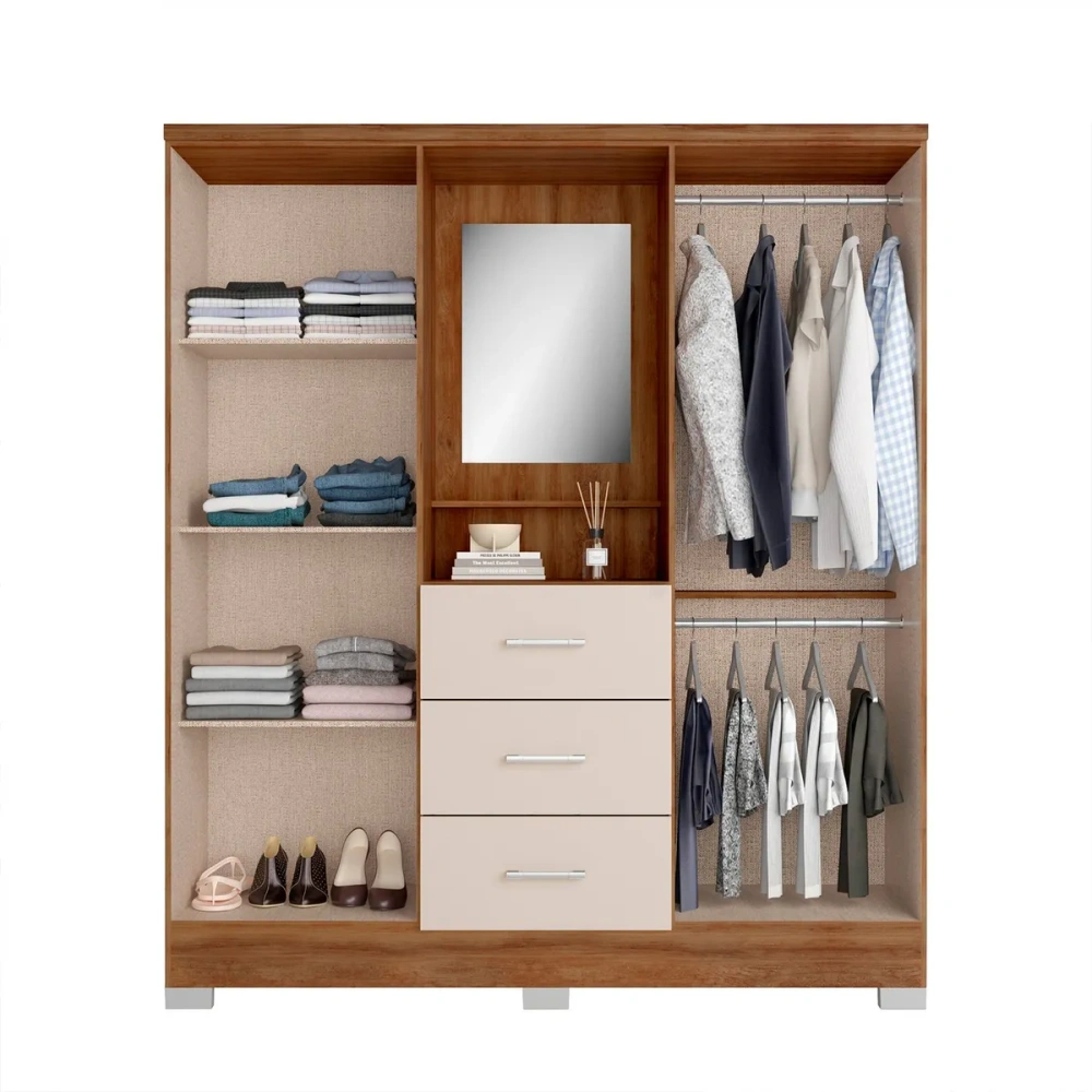 Clóset Armario 4 Puertas 3 Cajones con Espejo 198x160x46 cm Mueble