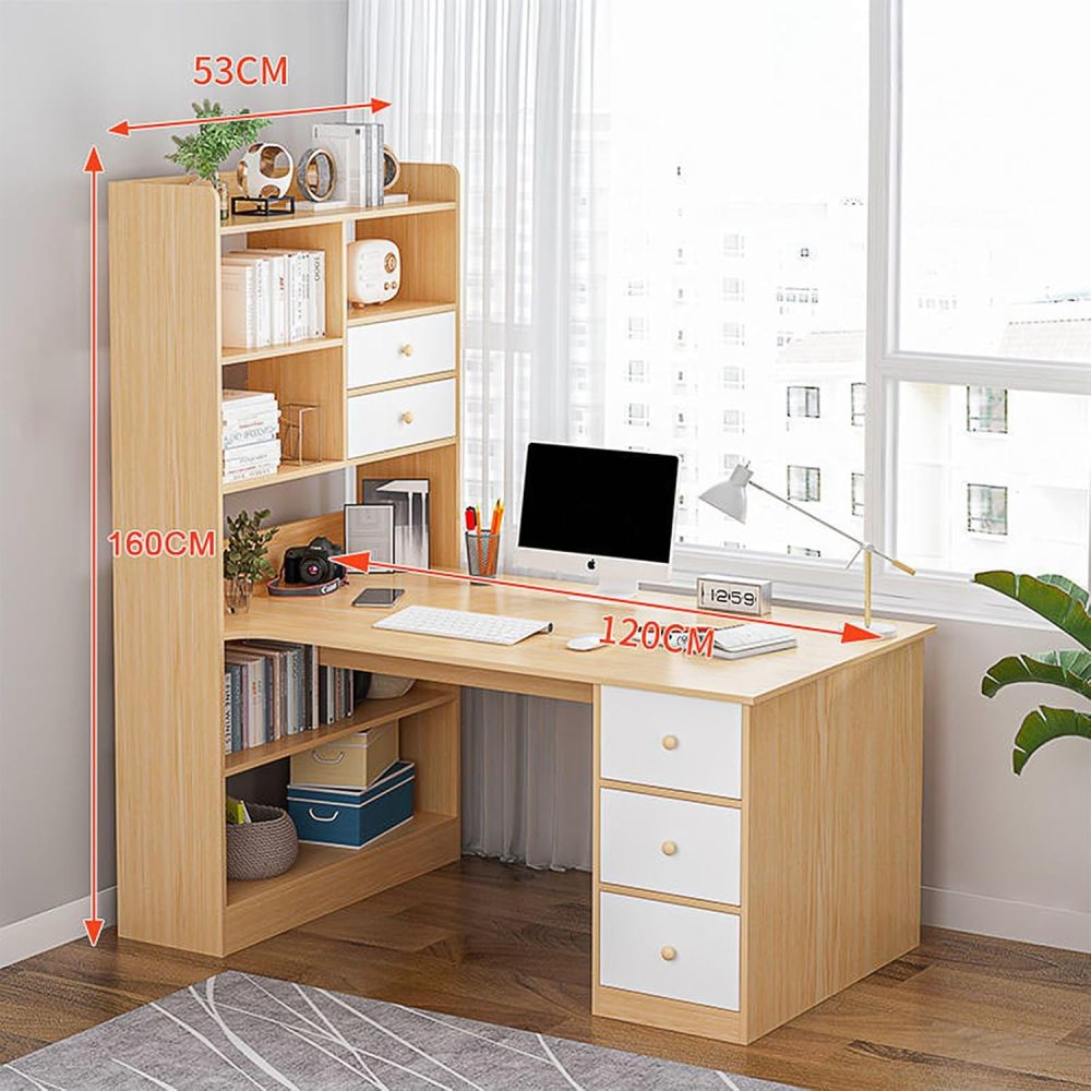 Escritorio Blanco Moderno con Estantería Alta Integrada, Mesa de Estudio con 2 Cajones y Estantes, Mueble de Oficina en Casa Multifuncional para Espacios Pequeños