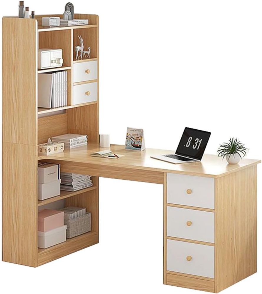 Escritorio Blanco Moderno con Estantería Alta Integrada, Mesa de Estudio con 2 Cajones y Estantes, Mueble de Oficina en Casa Multifuncional para Espacios Pequeños