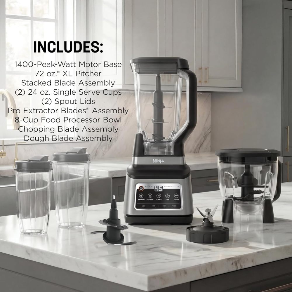 Licuadora Sistema de Cocina 1400W | Jarra 72 oz + Procesador 8 Tazas + 2 Vasos 24 oz | 5 Programas Auto-iQ | Masa, Picar, Smoothies y Frozen | Apto Lavavajillas | BN801