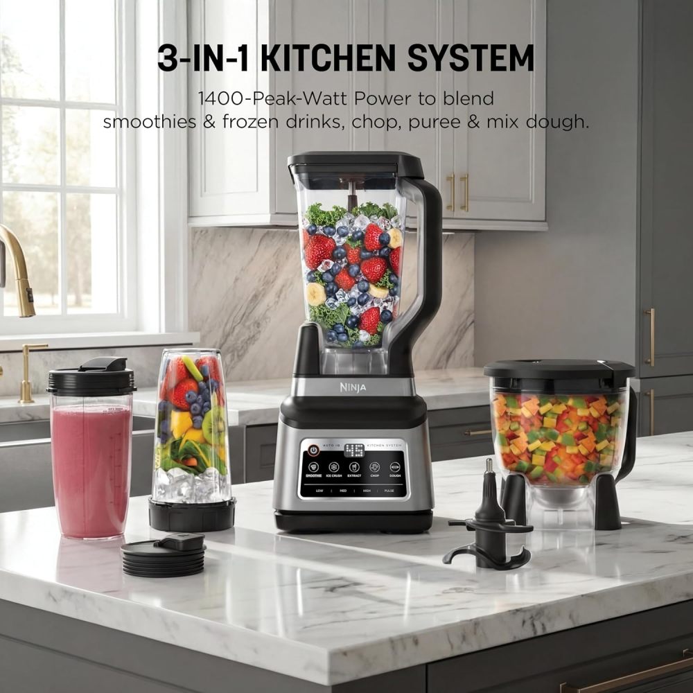 Licuadora Sistema de Cocina 1400W | Jarra 72 oz + Procesador 8 Tazas + 2 Vasos 24 oz | 5 Programas Auto-iQ | Masa, Picar, Smoothies y Frozen | Apto Lavavajillas | BN801