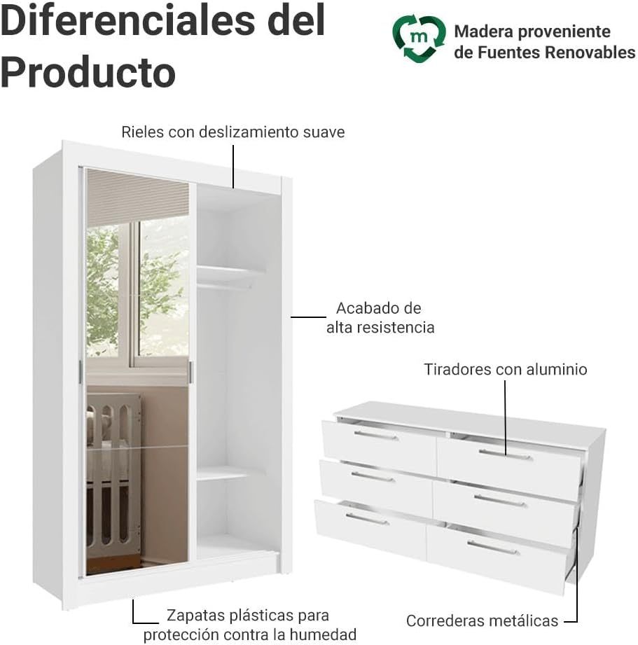 Kit Recámara Infantil Clóset y Cómoda con 6 Cajones 01 - Blanco