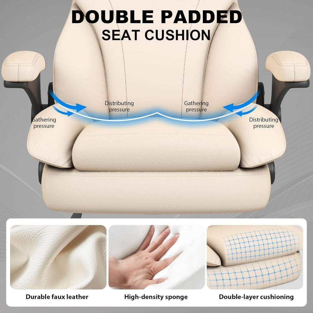 Silla de oficina, silla de escritorio ergonómica de cuero para personas de gran tamaño, con reposabrazos acolchados y abatibles, bloqueo de inclinación ajustable, de alta resistencia y personalizable.