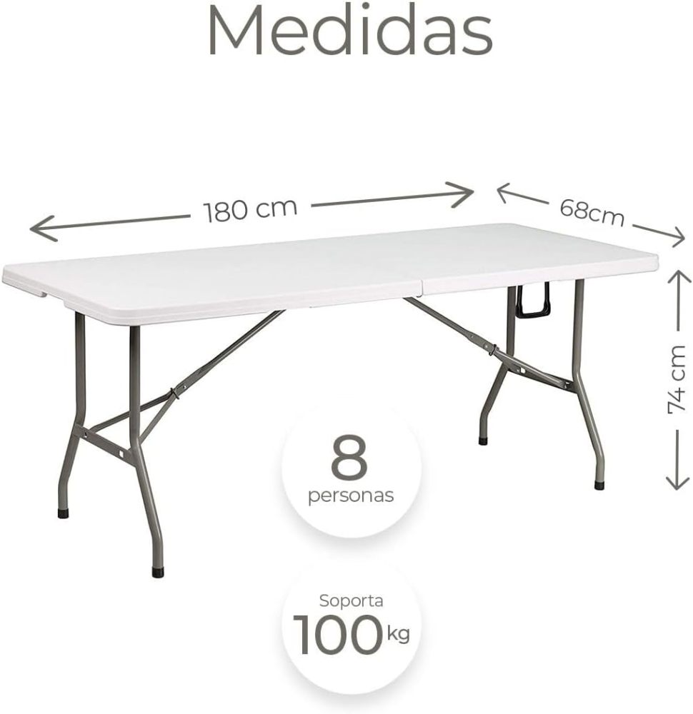 Mesa Plegable de Plastico, en Forma Rectangular, 180 Centimetros de Largo, Plástico Resistente para Interiores y Exteriores, Color Blanco
