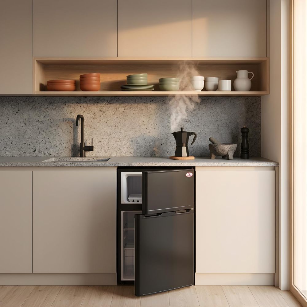 Frigobar Minibar 80L con Congelador Compacto Silencioso Temperatura Ajustable Bajo Consumo 110V Ideal para Oficina Recámara Hotel y Negocio Enfriador de Bebidas y Alimentos