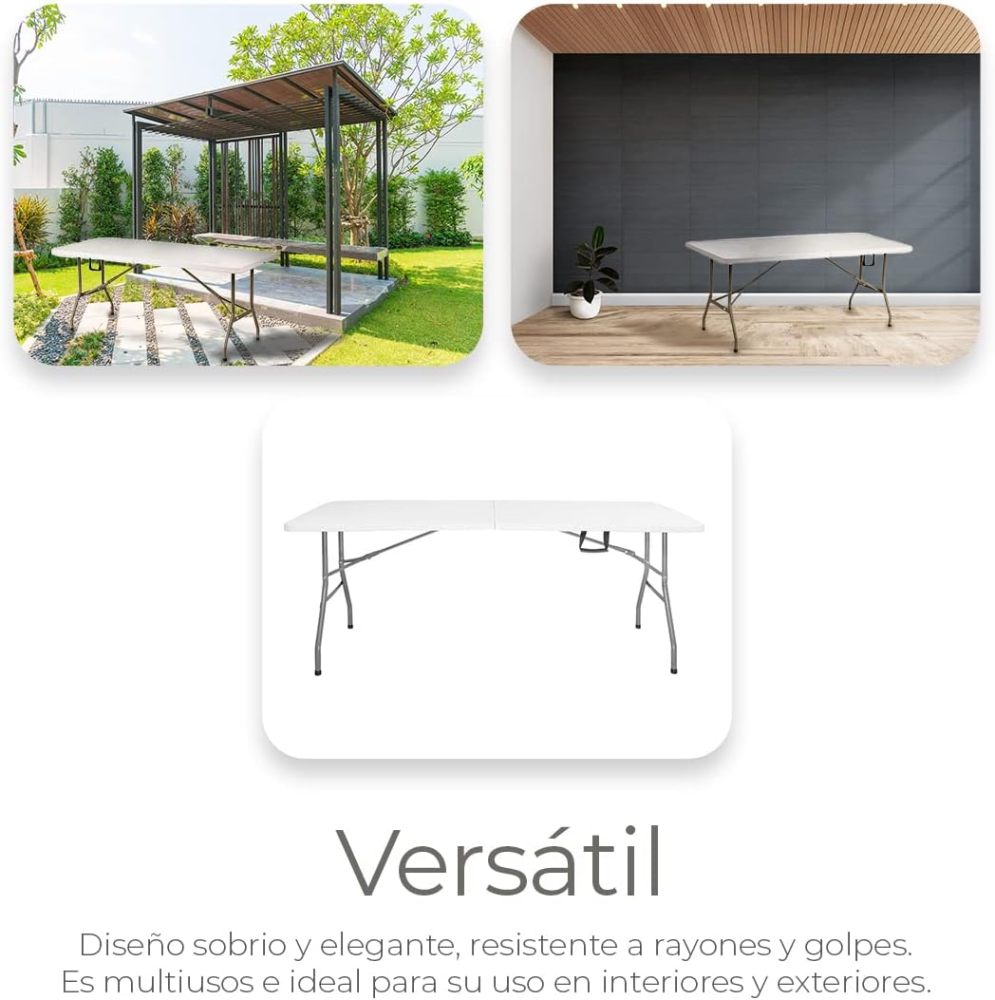 Mesa Plegable de Plastico, en Forma Rectangular, 180 Centimetros de Largo, Plástico Resistente para Interiores y Exteriores, Color Blanco