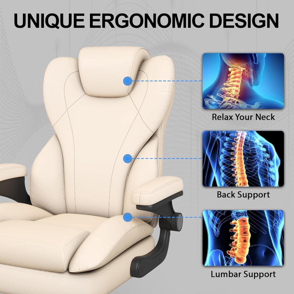 Silla de oficina, silla de escritorio ergonómica de cuero para personas de gran tamaño, con reposabrazos acolchados y abatibles, bloqueo de inclinación ajustable, de alta resistencia y personalizable.