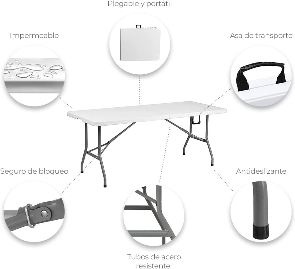 Mesa Plegable de Plastico, en Forma Rectangular, 180 Centimetros de Largo, Plástico Resistente para Interiores y Exteriores, Color Blanco