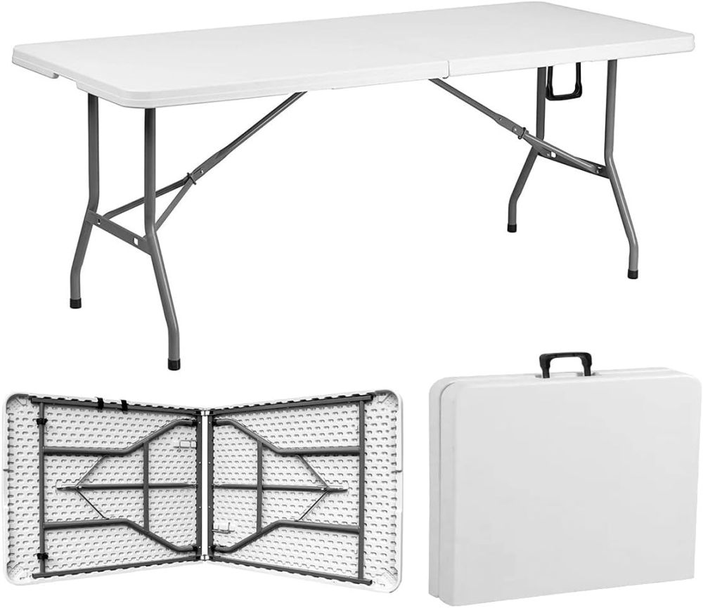 Mesa Plegable de Plastico, en Forma Rectangular, 180 Centimetros de Largo, Plástico Resistente para Interiores y Exteriores, Color Blanco