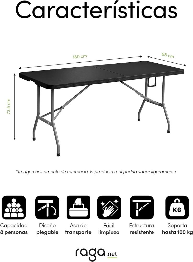 Mesa Plegable de Plastico, en Forma Rectangular, 180 Centimetros de Largo, Plástico Resistente para Interiores y Exteriores, Color Blanco