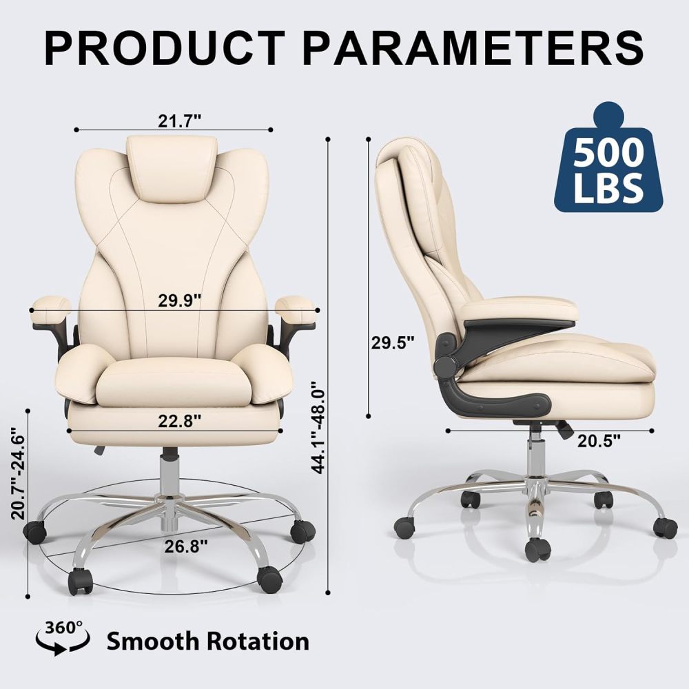 Silla de oficina, silla de escritorio ergonómica de cuero para personas de gran tamaño, con reposabrazos acolchados y abatibles, bloqueo de inclinación ajustable, de alta resistencia y personalizable.