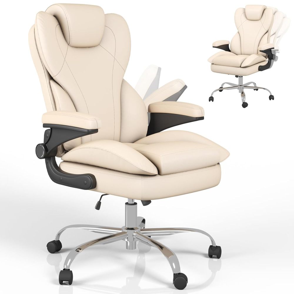 Silla de oficina, silla de escritorio ergonómica de cuero para personas de gran tamaño, con reposabrazos acolchados y abatibles, bloqueo de inclinación ajustable, de alta resistencia y personalizable.