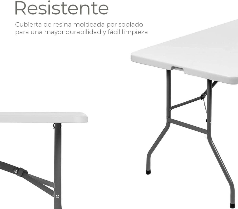 Mesa Plegable de Plastico, en Forma Rectangular, 180 Centimetros de Largo, Plástico Resistente para Interiores y Exteriores, Color Blanco