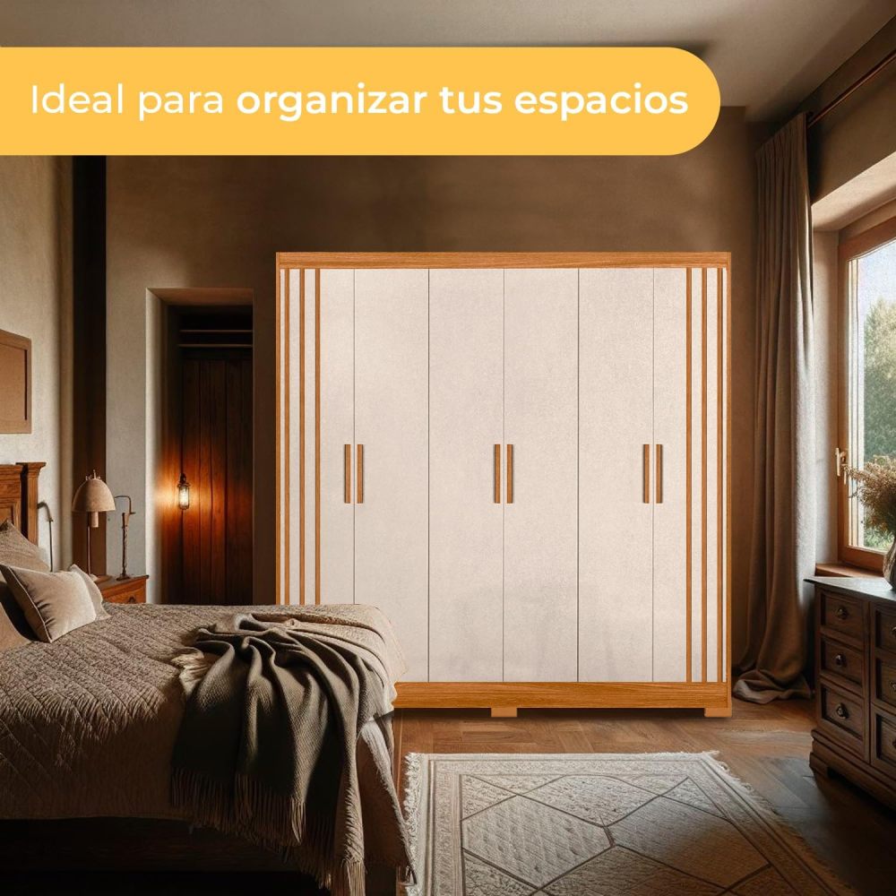 Ropero Castilla 3703 Natural | 6 Puertas y 2 Cajones | Armario Amplio Espacio de Almacenamiento | Estructura de MDP y Tiradores de Metal | Diseño Moderno y Funcional para Dormitorios
