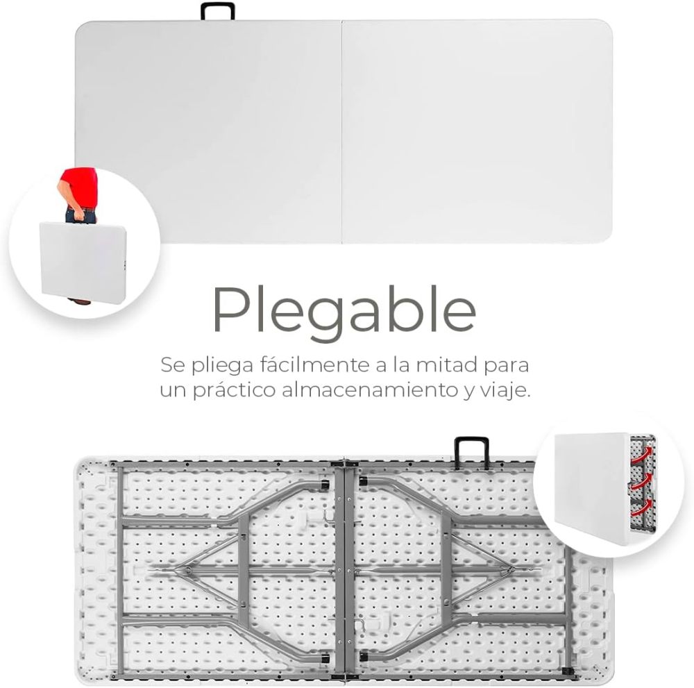Mesa Plegable de Plastico, en Forma Rectangular, 180 Centimetros de Largo, Plástico Resistente para Interiores y Exteriores, Color Blanco