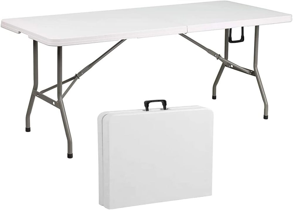 Mesa Plegable de Plastico, en Forma Rectangular, 180 Centimetros de Largo, Plástico Resistente para Interiores y Exteriores, Color Blanco