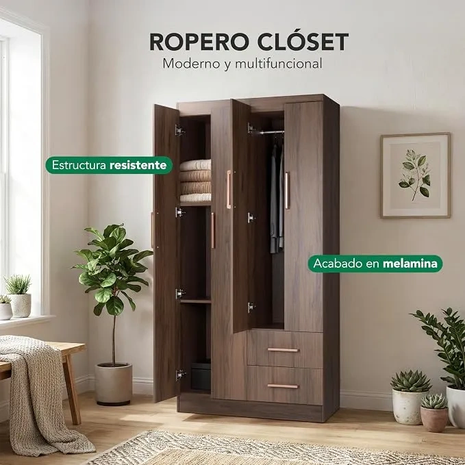 Ropero Closet Armario Blanco de Madera con 4 Puertas y Cajones Organización Almacenamiento de Ropa Minimalista Basic Hogar