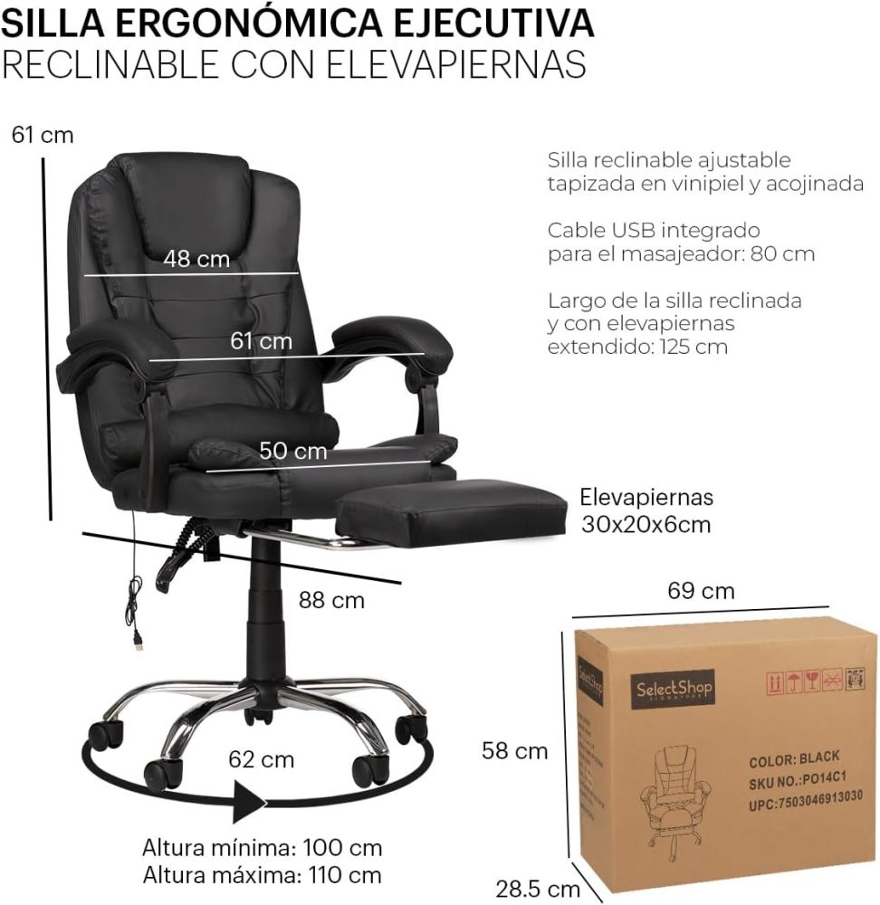 Silla Ejecutiva para Oficina con Reposapies Reclinable Y Giratoria Asiento para Trabajo Ergonómica con Descansapies Y Masaje De Espalda Asiento Y Respaldo Acojinados PO14C1