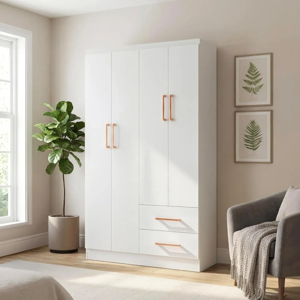 Ropero Closet Armario Blanco de Madera con 4 Puertas y Cajones Organización Almacenamiento de Ropa Minimalista Basic Hogar