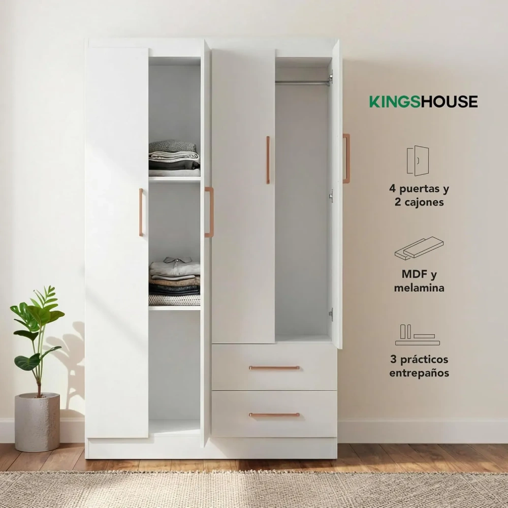 Ropero Closet Armario Blanco de Madera con 4 Puertas y Cajones Organización Almacenamiento de Ropa Minimalista Basic Hogar