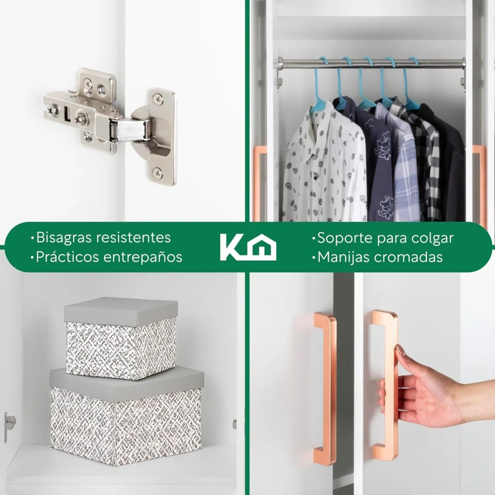Ropero Closet Armario Blanco de Madera con 4 Puertas y Cajones Organización Almacenamiento de Ropa Minimalista Basic Hogar