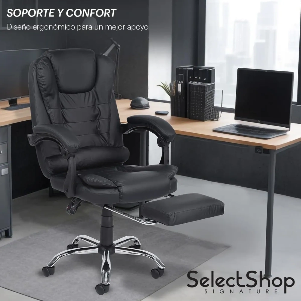 Silla Ejecutiva para Oficina con Reposapies Reclinable Y Giratoria Asiento para Trabajo Ergonómica con Descansapies Y Masaje De Espalda Asiento Y Respaldo Acojinados PO14C1
