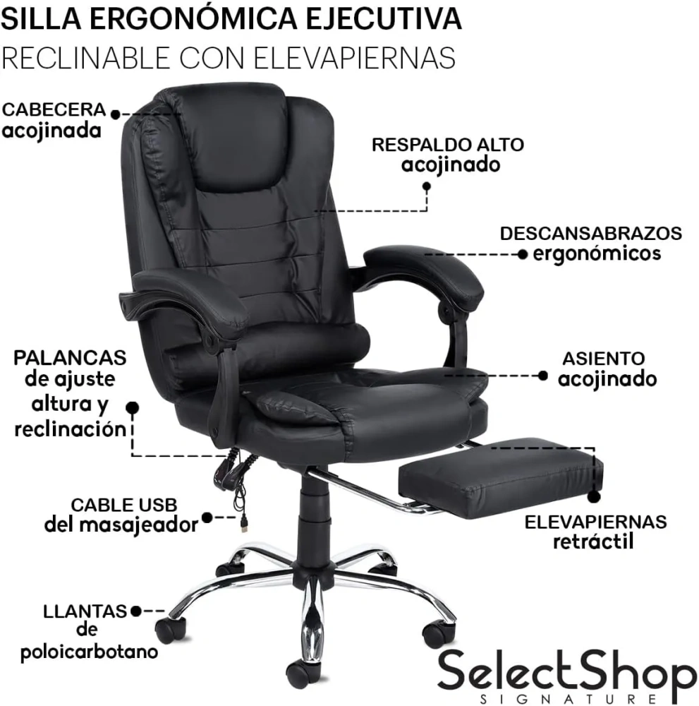 Silla Ejecutiva para Oficina con Reposapies Reclinable Y Giratoria Asiento para Trabajo Ergonómica con Descansapies Y Masaje De Espalda Asiento Y Respaldo Acojinados PO14C1
