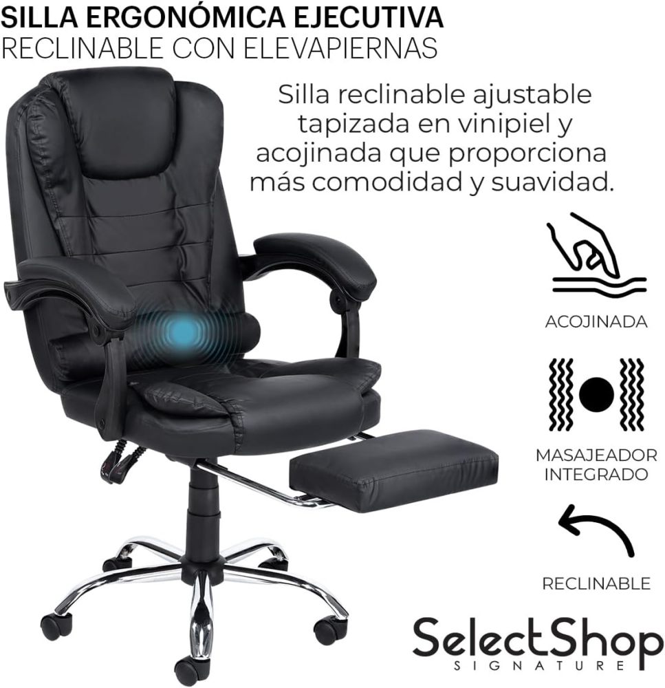 Silla Ejecutiva para Oficina con Reposapies Reclinable Y Giratoria Asiento para Trabajo Ergonómica con Descansapies Y Masaje De Espalda Asiento Y Respaldo Acojinados PO14C1