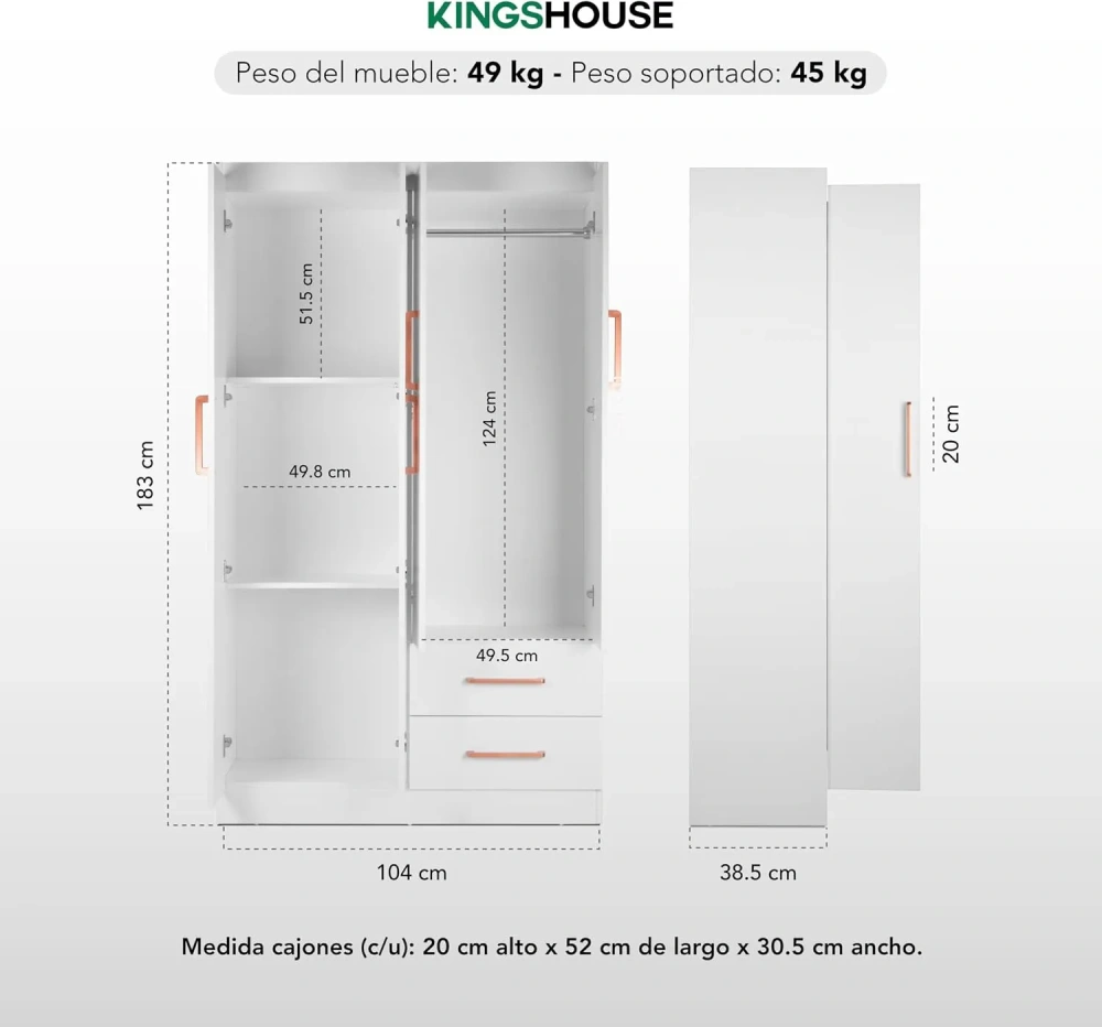 Ropero Closet Armario Blanco de Madera con 4 Puertas y Cajones Organización Almacenamiento de Ropa Minimalista Basic Hogar