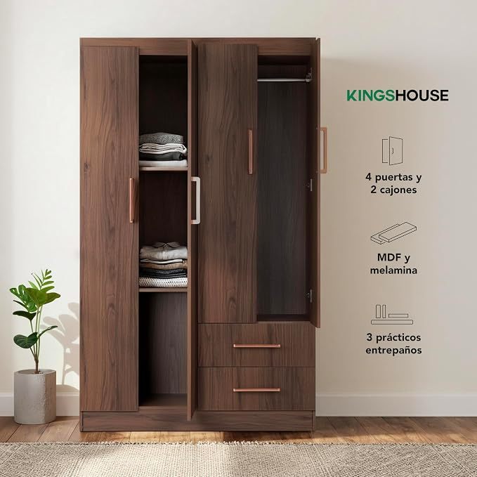 Ropero Closet Armario Blanco de Madera con 4 Puertas y Cajones Organización Almacenamiento de Ropa Minimalista Basic Hogar