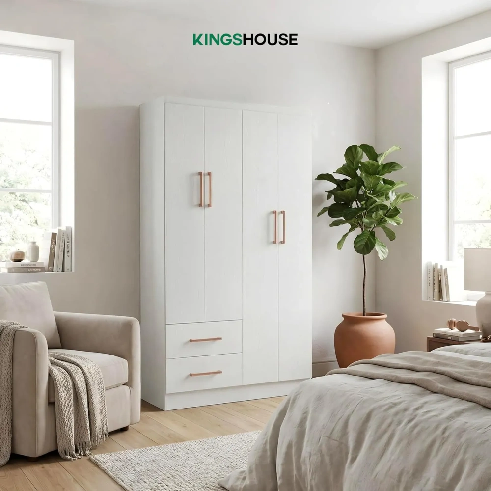 Ropero Closet Armario Blanco de Madera con 4 Puertas y Cajones Organización Almacenamiento de Ropa Minimalista Basic Hogar