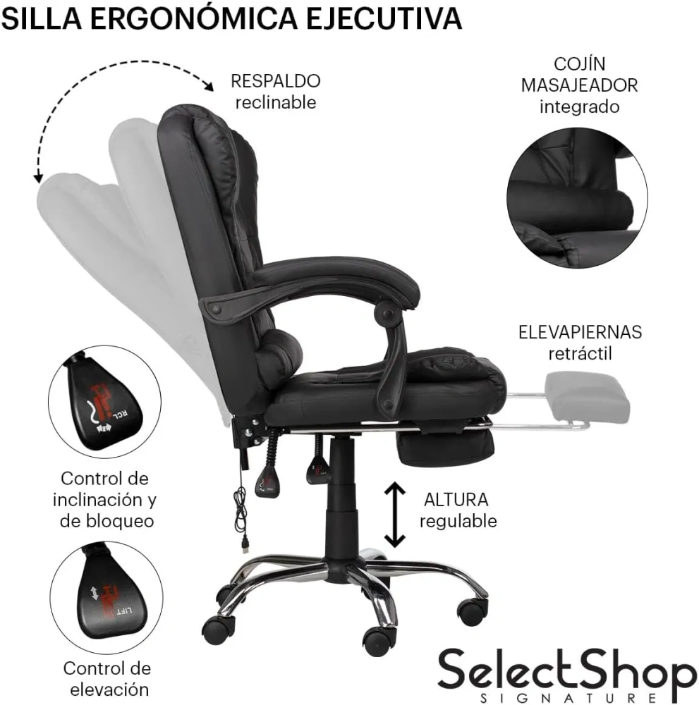 Silla Ejecutiva para Oficina con Reposapies Reclinable Y Giratoria Asiento para Trabajo Ergonómica con Descansapies Y Masaje De Espalda Asiento Y Respaldo Acojinados PO14C1