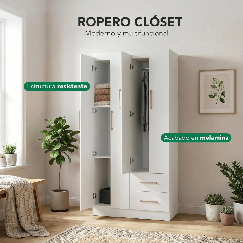 Ropero Closet Armario Blanco de Madera con 4 Puertas y Cajones Organización Almacenamiento de Ropa Minimalista Basic Hogar
