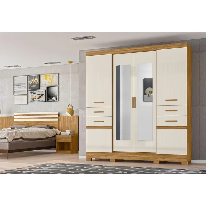 Armario 6 Puertas 4 Cajones con Espejo 195x47x212 cm Roble