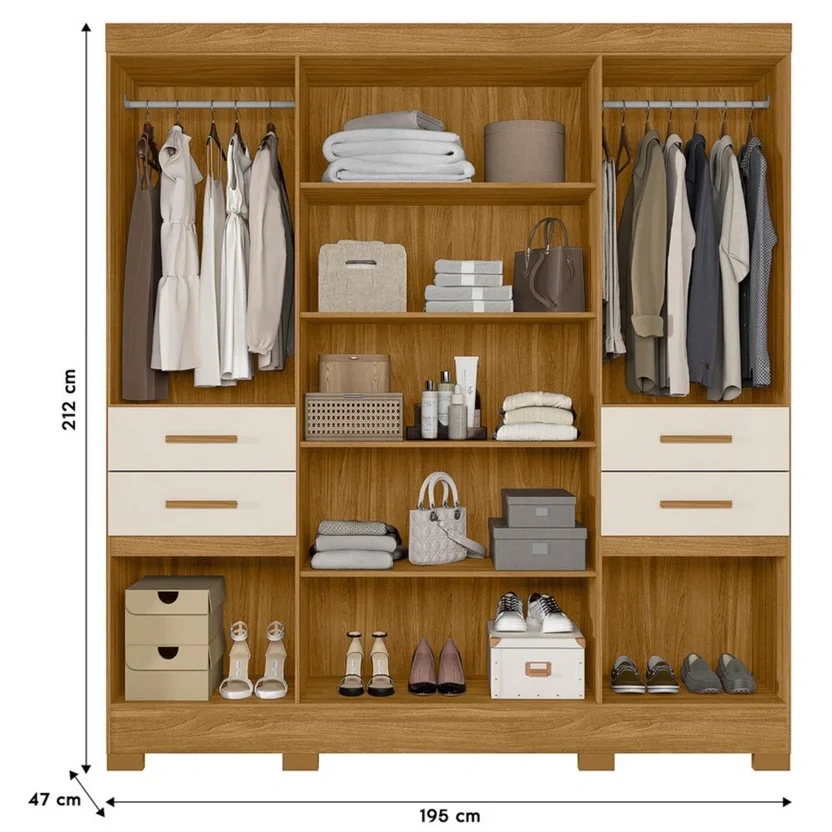 Armario 6 Puertas 4 Cajones con Espejo 195x47x212 cm Roble
