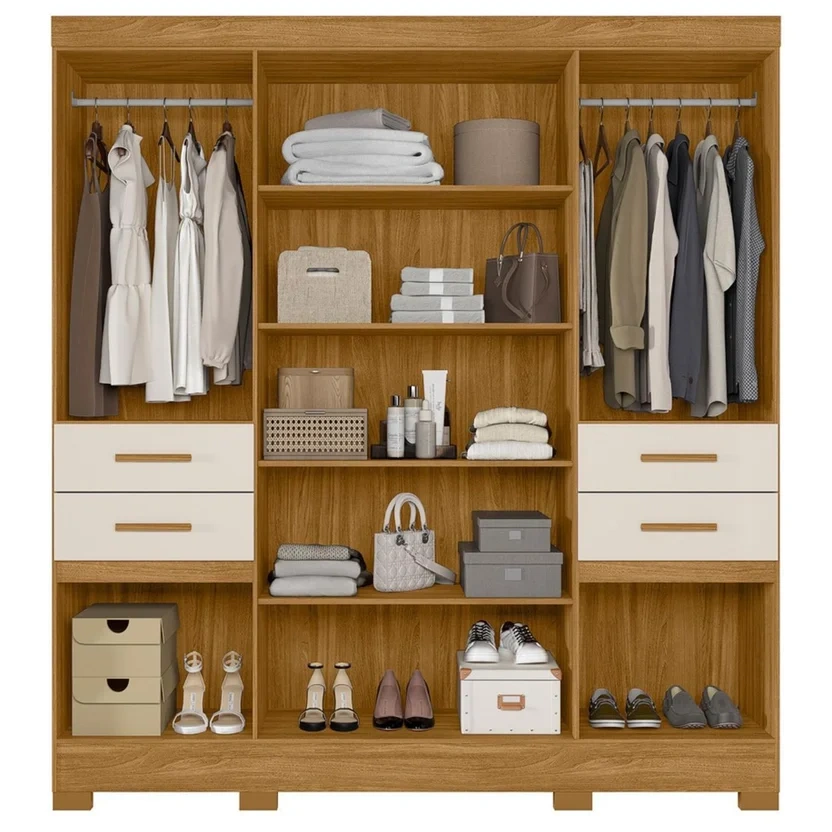 Armario 6 Puertas 4 Cajones con Espejo 195x47x212 cm Roble