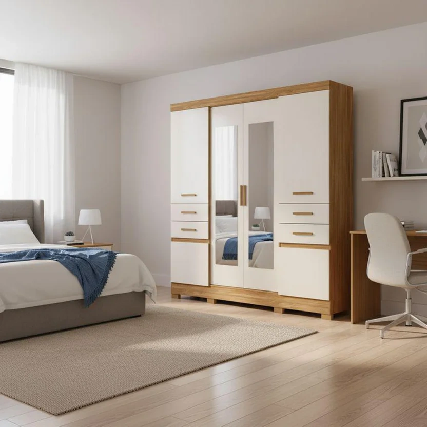 Armario 6 Puertas 4 Cajones con Espejo 195x47x212 cm Roble