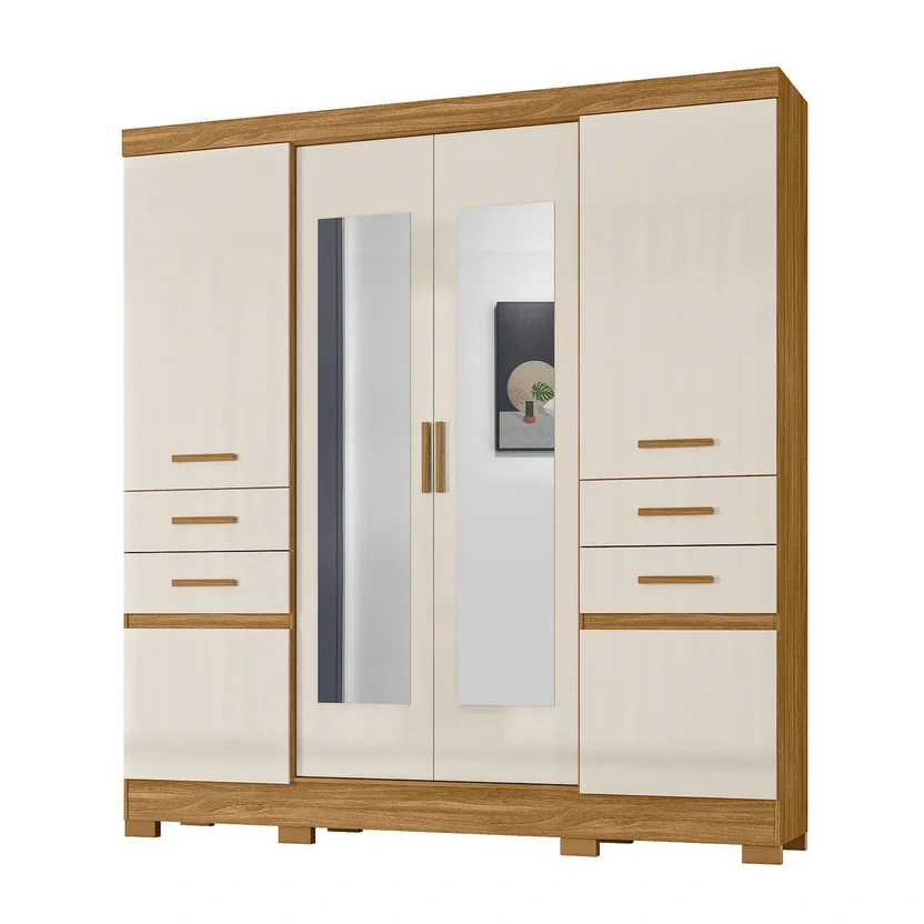 Armario 6 Puertas 4 Cajones con Espejo 195x47x212 cm Roble