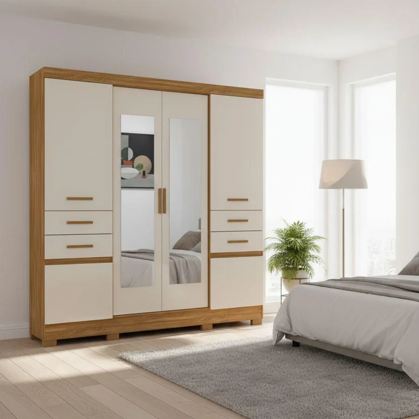 Armario 6 Puertas 4 Cajones con Espejo 195x47x212 cm Roble