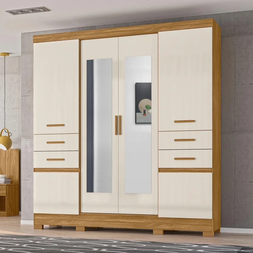 Armario 6 Puertas 4 Cajones con Espejo 195x47x212 cm Roble