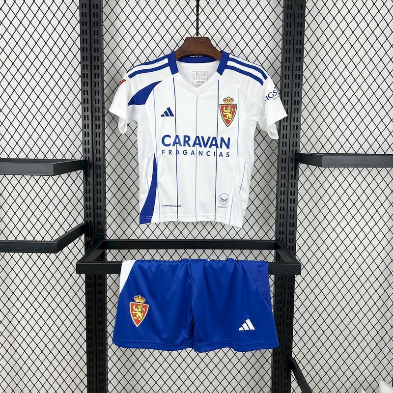 Real Zaragoza Home Kid Kits Youth Apparels Soccer Jersey 24-25
