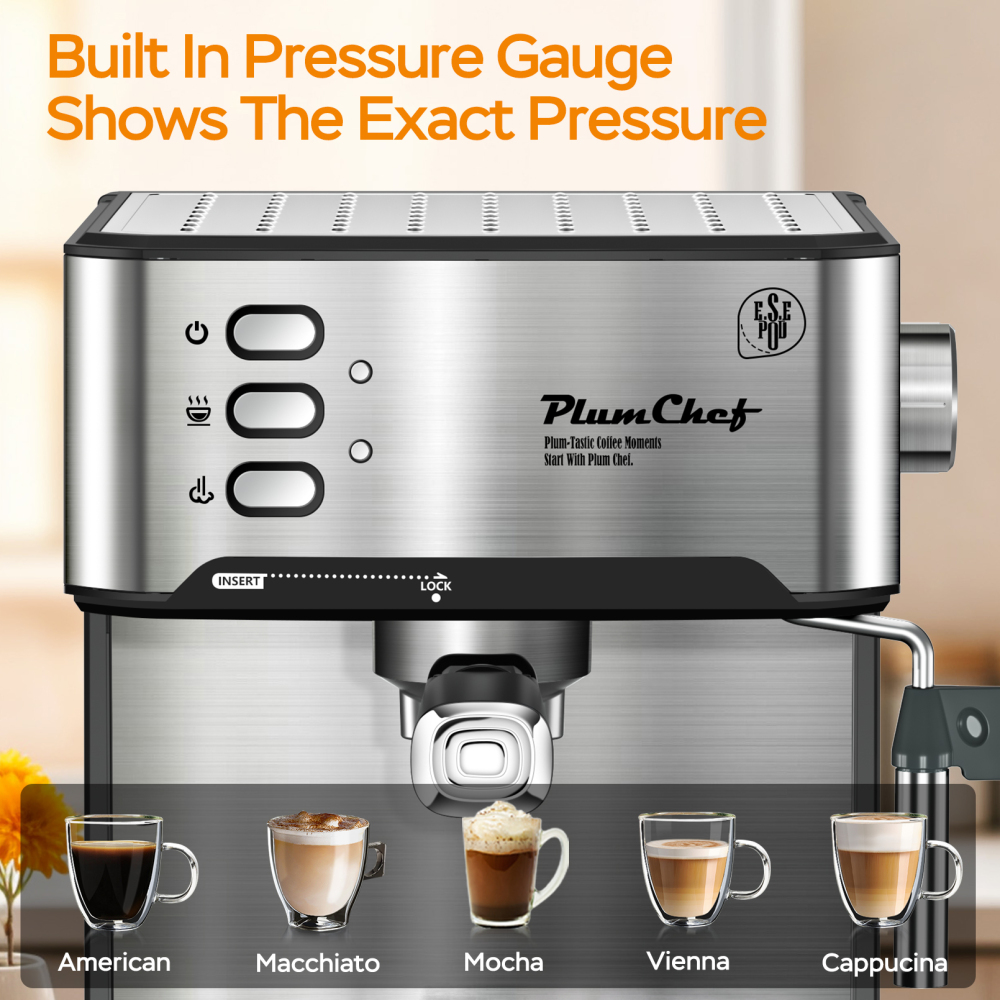 PlumChef Espresso Machine 20 Bar Professional Compact Homehold Coffee Espresso Maker,Low Noise and Fast Coffee Machine for Latte Cappuccino, with Milk Frother Steam Wand 54oz Water Tank