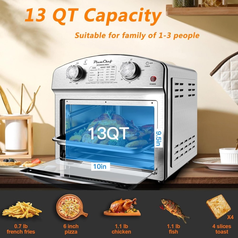 Air Fryer,13QT,360° Hot Air Circulation for Healthy Oil-Free Cooking，Multifunctional Convection Toaster Oven Air Fryer Combo, Time Control Contertop Oven & Stainless Steel Adjustable Temp