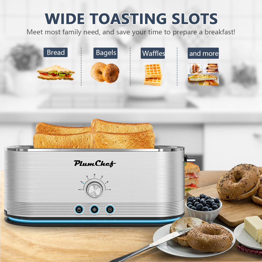Plum Chef 4-Slice Toaster, 7 Browning Settings, Defrost/Reheat Functions, Removable Crumb Tray, Full body Stainless Steel Housing 1350W ，Anti-Fingerprint & Anti-Jam(stainless steel)