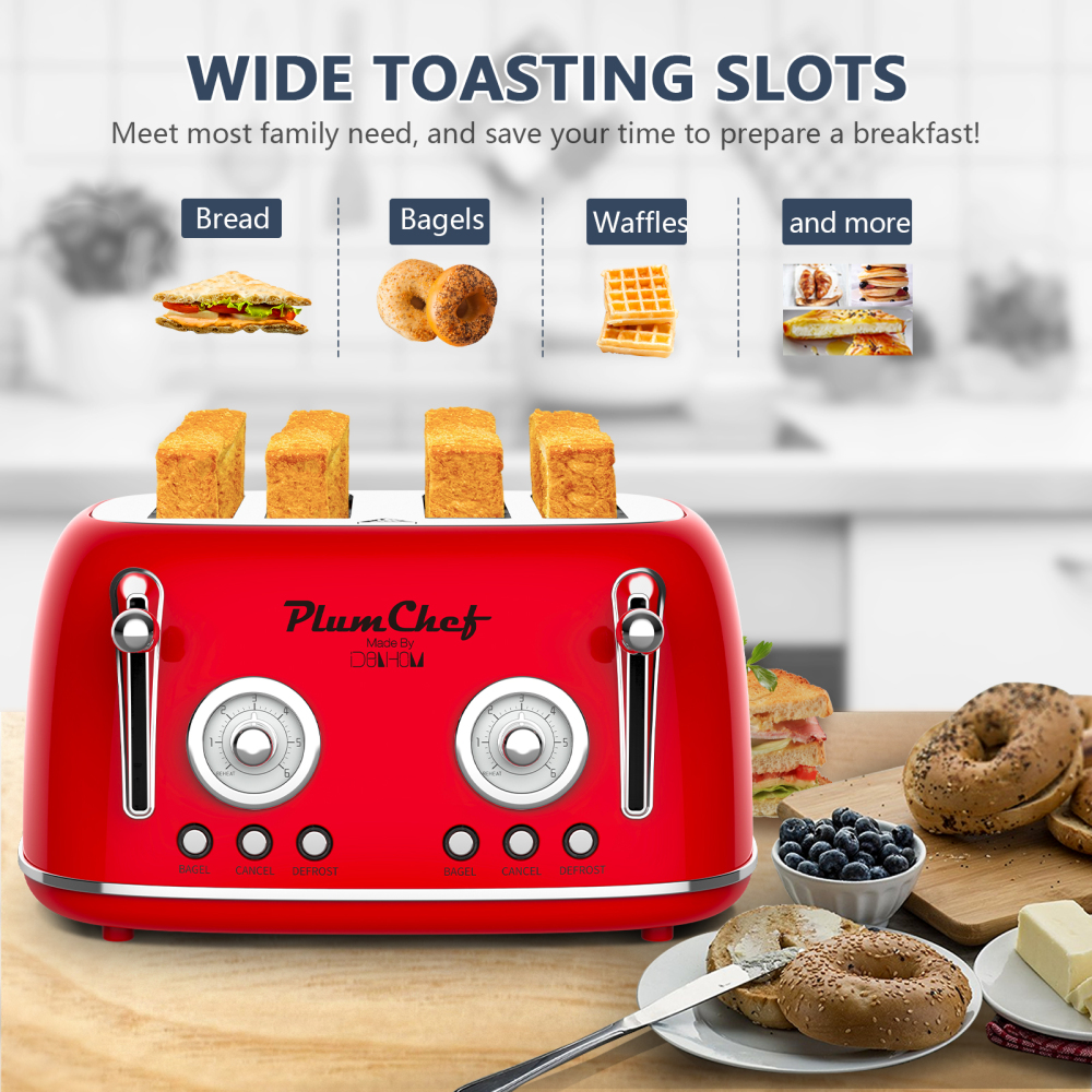 4 Slice Retro Style Toaster, Dual Control Toaster with Warming Rack, 6 Browning Settings, Bagel/Defrost Functions, Removable Crumb Tray, Stainless Steel Housing 1650W, Red