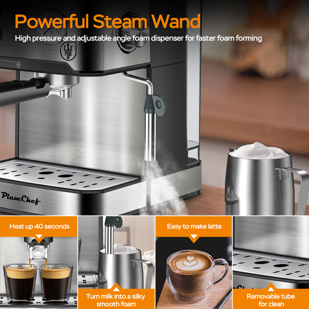 PlumChef Espresso Machine Household Coffee Espresso Maker with Milk Frother Steam Wand Pressure Gauge 54oz Water Tank Low Noise and Fast Coffee Machine for Cappuccino Latte